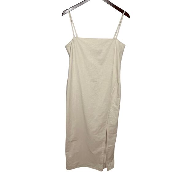 SNDYS Womens Palmer Maxi Dress Large Sand Linen Blend Neutral Minimalist Slit - Picture 3 of 12